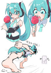 Rule 34 | 1girl, :3, :p, absurdres, aqua eyes, aqua hair, aqua necktie, barefoot, bent over, biting, black skirt, candy apple, commentary, door, food, foreshortening, from behind, from below, hair ornament, hatsune miku, headphones, highres, holding, holding food, kinosuke (pattaba), looking at viewer, miniskirt, motion lines, multiple views, necktie, open mouth, pleated skirt, shirt, skirt, sleeveless, sleeveless shirt, teeth, tongue, tongue out, translated, twintails, vocaloid, white shirt