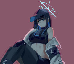 Rule 34 | 1girl, absurdres, atai (56874442), bare shoulders, baseball cap, black pants, blue archive, blue eyes, blue hair, blue hat, blue shirt, blunt bangs, breasts, commentary, crop top, feet out of frame, hat, highres, knees up, large breasts, leggings, long hair, midriff, navel, off shoulder, pants, purple background, saori (blue archive), shirt, simple background, sitting, sleeveless, sleeveless shirt, solo, stomach, thighs
