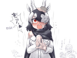 Rule 34 | 2girls, @ @, animal ears, antelope ears, antelope horns, bare shoulders, black hair, blackbuck (kemono friends), blouse, blush, cape, dated, detached sleeves, disembodied hand, dragon quest, embarrassed, extra ears, furrowed brow, hair between eyes, hair over one eye, hand on another&#039;s head, hands up, headpat, heart, highres, horns, kemono friends, kemono friends 3, medium hair, meme, miji doujing daile, multicolored hair, multiple girls, neta, nose blush, open mouth, red eyes, serval (kemono friends), shirt, skeleton, skeleton (dragon quest), solo focus, spread fingers, strapless, swept bangs, teeth, two-tone hair, upper body, upper teeth only, white hair