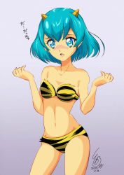Rule 34 | 2019, animal print, blue eyes, blue hair, blush, bra, collarbone, contrapposto, cosplay, cowboy shot, dated, groin, hagoromo lala, hair ornament, looking at viewer, lum, lum (cosplay), navel, open mouth, panties, power connection, precure, print bra, short hair, signature, solo, star-shaped pupils, star (symbol), star twinkle precure, strapless, strapless bra, symbol-shaped pupils, tiger panties, tiger print, tomo5656ky, trait connection, underwear, underwear only, yellow bra, yellow panties