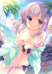 Rule 34 | 1girl, absurdres, beach, bikini, bikini pull, blue sky, blush, breasts, brown eyes, clothes pull, cloud, cloudy sky, collarbone, cowboy shot, day, dutch angle, floral print, flower, frilled bikini, frills, grey hair, hair flower, hair ornament, highres, hood, hoodie, long hair, looking at viewer, medium breasts, nipples, ocean, one breast out, one side up, open clothes, open hoodie, original, outdoors, parted lips, pink bikini, rock, scan, sky, solo, starfish, swimsuit, tareme, tree, yukie (peach candy)