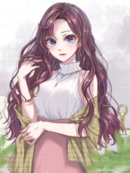 1girl blush brown_hair commentary_request earrings forehead highres ichinose_shiki idolmaster idolmaster_cinderella_girls jewelry long_hair looking_at_viewer necklace pink_skirt shawl skirt sleeveless sleeveless_sweater solo sweater sweater_tucked_in twitter_username very_long_hair white_sweater yellow_shawl ykcocoro_game