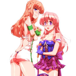 Rule 34 | 2girls, ass, blue eyes, breasts, cleavage, cosplay, costume switch, crossover, endou aya, glasses, highres, long hair, lucky star, macross, macross frontier, microphone, mine (peak), multiple girls, panties, pink hair, purple eyes, race queen, red hair, voice actor connection, sheryl nome, takara miyuki, thong, underwear, whale tail (clothing)
