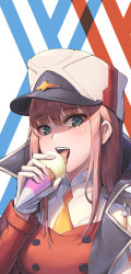 Rule 34 | 10s, 1girl, aqua eyes, bara (totocos), commentary, darling in the franxx, eating, eyeshadow, food, gloves, green eyes, hat, highres, ice cream, ice cream cone, jacket, jacket on shoulders, licking, looking at viewer, makeup, military, military hat, military uniform, orange neckwear, pink hair, straight hair, uniform, white gloves, white jacket, zero two (darling in the franxx)