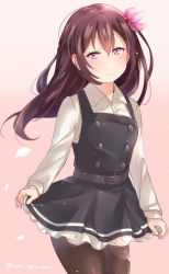 Rule 34 | 1girl, arashio (kancolle), arashio (kancolle) (cosplay), bad id, bad pixiv id, belt, black belt, black dress, blush, breasts, brown hair, buttons, closed mouth, collared shirt, commentary request, cosplay, cowboy shot, double-breasted, dress, high belt, juurouta, kantai collection, kisaragi (kancolle), legs together, long hair, long sleeves, looking at viewer, pantyhose, pinafore dress, shirt, single horizontal stripe, sleeveless, sleeveless dress, solo, white shirt, wing collar