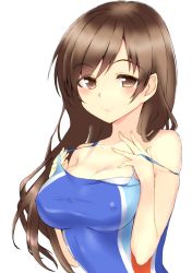 Rule 34 | 10s, 1girl, absurdres, bare shoulders, blush, breasts, brown eyes, brown hair, cleavage, colored eyelashes, competition swimsuit, covered erect nipples, highres, idolmaster, idolmaster cinderella girls, kon5283, large breasts, lips, long hair, looking at viewer, nitta minami, one-piece swimsuit, simple background, smile, solo, strap pull, strap slip, swimsuit, upper body