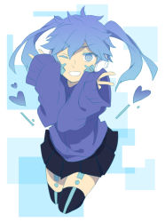 Rule 34 | 1girl, black thighhighs, blue eyes, blue hair, ene (kagerou project), headphones, heart, kagerou project, long hair, long sleeves, looking at viewer, matching hair/eyes, one eye closed, sekina, skirt, sleeves past wrists, smile, solo, thighhighs, twintails