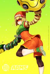 Rule 34 | 1girl, arms (game), ass, beanie, bike shorts, blonde hair, blush, chinese clothes, domino mask, dragon, dragon (arms), facepaint, food, green eyes, hat, leggings, leggings under shorts, looking at viewer, mask, min min (arms), noodles, pantyhose, pantylines, short hair, shorts, solo, terupancake