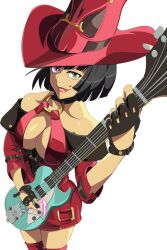 Rule 34 | 1girl, arc system works, black hair, bob cut, breasts, cleavage, collarbone, fingerless gloves, gloves, green eyes, guilty gear, guitar, hat, heterochromia, highres, i-no, instrument, large breasts, looking at viewer, mole, mole above mouth, purple eyes, smile, solo, thighhighs, underboob, witch hat