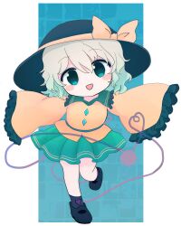Rule 34 | 1girl, blush, bow, buttons, chibi, diamond button, frilled shirt collar, frilled sleeves, frills, green hair, green skirt, hat, hat bow, hat ribbon, heart, heart of string, highres, komeiji koishi, looking at viewer, open mouth, rei (tonbo0430), ribbon, shirt, short hair, simple background, skirt, smile, solo, standing, standing on one leg, third eye, touhou, wide sleeves, yellow bow, yellow ribbon, yellow shirt