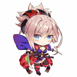 Rule 34 | black thighhighs, blue eyes, blue kimono, chibi, clothing cutout, comiket 95, detached sleeves, dual wielding, earrings, fate/grand order, fate (series), gabiran, hair ornament, holding, japanese clothes, jewelry, katana, kimono, leaf print, lowres, maple leaf print, miyamoto musashi (fate), miyamoto musashi (third ascension) (fate), navel cutout, obi, pink hair, ponytail, sandals, sash, sheath, sheathed, sleeveless, sleeveless kimono, solo, sword, thighhighs, weapon, wide sleeves