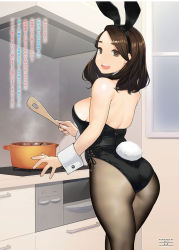 Rule 34 | 1girl, animal ears, artist name, ass, asymmetrical bangs, back, back cutout, backless outfit, bare shoulders, black leotard, breasts, brown eyes, brown hair, clothing cutout, comic anthurium, cooking, detached collar, fake animal ears, fake tail, highleg, highleg leotard, highres, kitchen, leotard, lips, looking at viewer, looking back, medium breasts, medium hair, open mouth, pantyhose, playboy bunny, rabbit ears, rabbit tail, shoulder blades, side-tie leotard, sideboob, skindentation, smile, solo, stove, strapless, strapless leotard, swept bangs, tail, teeth, thighs, translated, wrist cuffs, yomu (sgt epper)