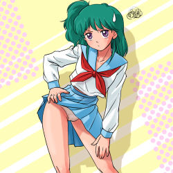 Rule 34 | &gt;:(, 1980s (style), 1girl, akanuke ichiban, angry, blue skirt, cameltoe, cardigan, closed mouth, clothes lift, collarbone, contrapposto, diagonal stripes, frown, green hair, hand on own hip, hand on own thigh, haruyama kazunori, ichinose yuka, leaning, legs apart, lifted by self, long sleeves, looking at viewer, lowres, midriff peek, neckerchief, oldschool, one side up, panties, pantyshot, pleated skirt, polka dot, polka dot background, purple eyes, retro artstyle, school uniform, serafuku, shadow, shirt, shouwa ahozoushi akanuke ichiban!, sidelocks, skirt, skirt lift, solo, spoken squiggle, squiggle, standing, striped, striped background, sweatdrop, underwear, v-shaped eyebrows, white panties, white shirt, yellow background