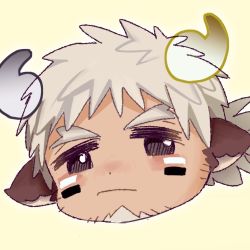 Rule 34 | 1boy, alternate hair color, animal ears, asymmetrical horns, badai, blush, chibi, cow boy, cow ears, cow horns, facial hair, facial mark, fiery horns, forked eyebrows, glowing horns, goatee, horns, looking at viewer, male focus, mismatched horns, portrait, pout, short hair, solo, spiked hair, stubble, thick eyebrows, tokyo houkago summoners, wakan tanka, wakan tanka mugen