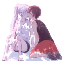 Rule 34 | 2girls, earrings, closed eyes, french kiss, jewelry, kiss, multiple girls, nagasawa (tthnhk), necklace, red hair, ruby rose, rwby, shirt, shoes, shorts, sitting, skirt, sleeveless, sleeveless shirt, summer, tongue, tongue out, weiss schnee, white hair, yuri
