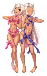Rule 34 | 2girls, barefoot, blush stickers, closed eyes, dark-skinned female, dark skin, fangs, heart, heart hands, highres, horns, leg ribbon, lilith-soft, long hair, multiple girls, navel, neck ribbon, official art, oni, open mouth, photoshop (medium), pointy ears, red eyes, ribbon, short hair, siblings, simple background, sisters, skin-covered horns, sophie (taimanin asagi), standing, sweatdrop, taimanin (series), taimanin asagi, thigh gap, thigh ribbon, very long hair, white background, white hair, yuphie (taimanin asagi)