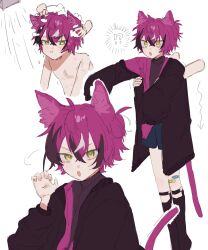 !? 1boy :t aged_down animal_ear_fluff animal_ears arm_up arrow_(symbol) bandaid bandaid_on_leg bare_shoulders black_shirt black_socks blue_shorts claw_pose commentary disembodied_hand doku_tanuki123 doppio_dropscythe hair_between_eyes highres jacket kemonomimi_mode legwear_garter looking_at_viewer looking_to_the_side male_focus multicolored_hair multiple_views nijisanji nijisanji_en open_mouth purple_hair shirt shorts shower_head simple_background soap soap_bubbles socks streaked_hair topless_male turtleneck two-sided_fabric two-sided_jacket virtual_youtuber washing_hair wet wet_hair white_background yellow_eyes