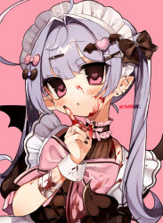 Rule 34 | 1girl, absurdres, ahoge, artist name, bandaged wrist, bandages, black bow, black dress, blood, blood on face, blood on hands, bow, bowtie, closed mouth, dress, earrings, frills, hair bow, hair intakes, hair ornament, hairclip, heart, heart hair ornament, highres, jewelry, kmnk (kumanuko), maid headdress, original, parted lips, pink background, pink bow, pink bowtie, pink eyes, pointy ears, purple hair, short sleeves, simple background, solo, twintails, upper body, wrist cuffs, x hair ornament