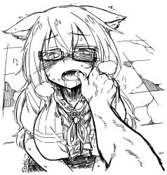 Rule 34 | 1girl, animal ears, blush, borrowed character, breasts, breath, cat ears, drooling, fangs, finger in another&#039;s mouth, glasses, crooked eyewear, greyscale, large breasts, long hair, monochrome, mouth pull, open mouth, original, pine-chan ver. 2, pov, saliva, sketch, slit pupils, solo focus, yoshida hideyuki