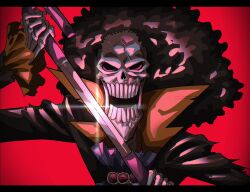 Rule 34 | 1boy, afro, ascot, black hair, brook (one piece), cracked skin, frown, glint, male focus, one piece, open mouth, serious, sheath, skeleton, solo, sword in front of face, tomatop, umbrella sword, unsheathing, upper body