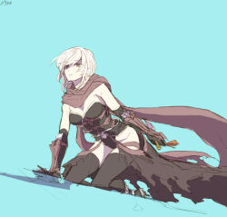 Rule 34 | 1girl, arm blade, black cape, black gloves, black leotard, black thighhighs, blue background, breasts, brown scarf, cape, cleavage, commentary request, dagger, elbow gloves, expressionless, full body, gloves, guillotine cross (ragnarok online), holding, holding dagger, holding knife, holding weapon, kneeling, knife, kusabi (aighe), leotard, looking at viewer, medium breasts, official alternate costume, orange eyes, parted lips, ragnarok online, reverse grip, scarf, short hair, simple background, solo, thighhighs, weapon, white hair