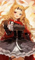 Rule 34 | 1girl, :d, animal ears, archery shooting glove, archetto (arknights), arknights, black corset, black dress, blonde hair, blue eyes, blush, cape, commentary, corset, cowboy shot, dress, gloves, heterochromia, highres, ichika (ichika87), long hair, looking at viewer, open mouth, partially fingerless gloves, red cape, red eyes, smile, wrist guards