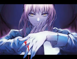 Rule 34 | 1girl, black necktie, blood, blood on hands, braid, braided ponytail, breasts, business suit, chainsaw man, collared shirt, eyebrows, formal, hand signs, highres, letterboxed, long sleeves, looking at viewer, makima (chainsaw man), medium breasts, medium hair, necktie, neckwear request, onlly, ringed eyes, shirt, simple background, smile, solo, suit, yellow eyes