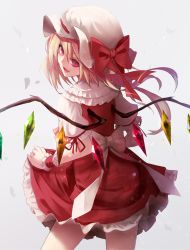 Rule 34 | 1girl, absurdres, back, blonde hair, bow, dress, fami (yellow skies), fangs, flandre scarlet, floating hair, frills, hair between eyes, hat, hat bow, highres, long hair, looking back, mob cap, open mouth, petals, puffy short sleeves, puffy sleeves, red bow, red dress, red eyes, red ribbon, ribbon, sash, short sleeves, side ponytail, simple background, skirt hold, slit pupils, smile, solo, touhou, white bow, wings, wrist cuffs