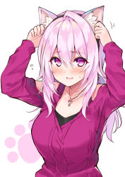 Rule 34 | 1girl, :d, animal ear fluff, animal ears, arms up, bare shoulders, black hairband, blush, breasts, cat ears, clothing cutout, collarbone, commentary request, cu-no, fake animal ears, flying sweatdrops, hair between eyes, hairband, hisen kaede, jewelry, long hair, looking at viewer, medium breasts, open mouth, pendant, pink hair, purple sweater, shoulder cutout, simple background, single hair intake, smile, solo, sweat, sweater, upper body, very long hair, white background, yayoi sakura