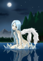 Rule 34 | 1girl, blue hair, censored, chaborin, convenient censoring, full moon, hair censor, happy, highres, ice, long hair, moon, nature, night, nude, original, outdoors, solo, tree, very long hair, water, wet, yellow eyes