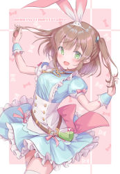 Rule 34 | 1girl, :d, bow, brown hair, copyright name, dress, frilled cuffs, frilled dress, frills, green eyes, hair ornament, hirokazu (analysis-depth), holding, holding hair, key, light blue dress, open mouth, pink bow, princess connect!, puffy short sleeves, puffy sleeves, rabbit hair ornament, rino (princess connect!), rino (wonderland) (princess connect!), short sleeves, short twintails, smile, solo, thighhighs, twintails, wrist cuffs