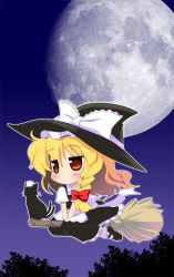 Rule 34 | 1girl, bad id, bad pixiv id, blonde hair, braid, broom, broom riding, brown eyes, cat, chen, chen (cat), chibi, female focus, flying, full moon, hat, kirisame marisa, misooden, moon, multiple tails, red eyes, solo, tail, touhou, v arms, witch, witch hat