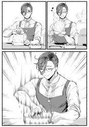 Rule 34 | 1boy, 3koma, :d, apron, bento, closed eyes, comic, cooking, dress shirt, emphasis lines, fang, fate/grand order, fate (series), glasses, greyscale, hair between eyes, hair over one eye, hair pulled back, highres, holding, lid, long bangs, looking at object, male focus, monochrome, moon-and-calvados, motion blur, motion lines, musical note, open mouth, pectorals, pressing, rice, rice cooker, shamoji, shirt, short hair, silent comic, skin fang, sleeves rolled up, smile, solo, steam, toned, toned male, too much food, upper body, veins, veiny arms, white background, yamanami keisuke (fate)