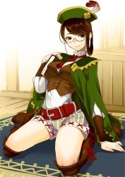 Rule 34 | 1girl, arched back, belt, book, boots, box, breasts, brown eyes, brown hair, capcom, feathers, glasses, guildmarm (monster hunter), hat, hat feather, holding, holding book, knee boots, long sleeves, looking at viewer, monster hunter (series), monster hunter 4, musyasabu, neckerchief, ribbon, rug, semi-rimless eyewear, shorts, smile, solo, under-rim eyewear, vest