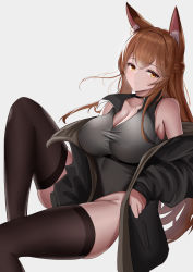 Rule 34 | 1girl, absurdres, animal ear fluff, animal ears, arknights, bare shoulders, black choker, black jacket, black thighhighs, breasts, brown hair, chinese commentary, choker, cleavage, commentary request, fox ears, franka (arknights), grey background, grey shirt, groin, highres, jacket, knee up, lahz52, large breasts, long hair, long sleeves, looking at viewer, partial commentary, shirt, simple background, sitting, sleeveless, sleeveless shirt, solo, thighhighs, thighs, very long hair, yellow eyes