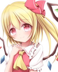 Rule 34 | 1girl, ascot, bad id, bad pixiv id, blonde hair, bow, flandre scarlet, hair bow, hand on own chest, head tilt, kuroganeruto, looking at viewer, red eyes, side ponytail, simple background, smile, solo, tilted head, touhou, white background, wings