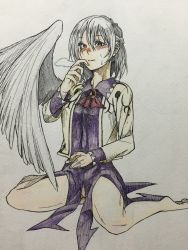 Rule 34 | 1girl, absurdres, bare legs, barefoot, blush, braid, breasts, brooch, colorized, dress, female focus, finger to mouth, french braid, gradient background, heart, heart-shaped pupils, highres, jacket, jewelry, kishin sagume, long sleeves, medium breasts, open clothes, open jacket, ozma (yozakura), purple dress, red eyes, short dress, single wing, sitting, solo, symbol-shaped pupils, touhou, traditional media, wariza, white hair, wings