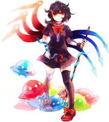 Rule 34 | &gt;:), 1girl, az, azuma aya, black hair, black thighhighs, colorful, female focus, houjuu nue, messy hair, pigeon-toed, polearm, red eyes, ribbon, short hair, simple background, snake, solo, spear, standing, thighhighs, touhou, trident, ufo, v-shaped eyebrows, weapon, white background, wings, zettai ryouiki