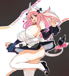 Rule 34 | 1girl, animal ears, apron, breasts, collar, cow ears, cow girl, cow tail, detached sleeves, dress, heart, horns, huge breasts, long hair, maid, maid apron, mary janes, no panties, pink eyes, pink hair, ryoji (nomura ryouji), shoes, sideboob, solo, tail, thighhighs, white thighhighs, wind, wind lift