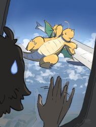 Rule 34 | &gt; &lt;, 1boy, afterimage, airplane interior, antennae, blue sky, claws, cloud, commentary, creatures (company), day, dragon, dragonite, english commentary, flying, game freak, gen 1 pokemon, hand on window, nintendo, pokemon, pokemon (creature), robinlovesop, sky, sweatdrop, waving, waving arms, window, wings