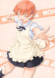Rule 34 | 1girl, armpit peek, blush, clenched hand, copyright name, closed eyes, hair ornament, hairclip, inami mahiru, miri (ago550421), orange hair, outstretched hand, short hair, skirt, solo, star (symbol), star hair ornament, striped, striped background, tears, waitress, working!!