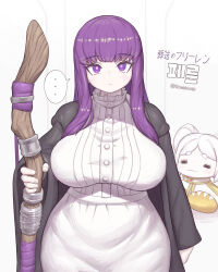 Rule 34 | ..., 2girls, :3, artist name, black robe, bread, breasts, bright pupils, domaguri, dress, fern (sousou no frieren), fingernails, food, frieren, highres, holding, holding staff, large breasts, long hair, looking at viewer, multiple girls, purple eyes, purple hair, purple pupils, robe, sidelocks, sousou no frieren, spoken ellipsis, staff, white dress, white hair, wide hips