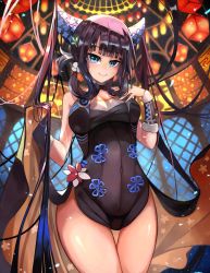 Rule 34 | 1girl, artist request, bare shoulders, black dress, blue eyes, blunt bangs, blush, breasts, china dress, chinese clothes, cleavage, closed mouth, covered navel, detached sleeves, dress, fate/grand order, fate (series), floral print, hair ornament, hand on own chest, highres, lantern, leaf hair ornament, long hair, looking at viewer, medium breasts, purple hair, side slit, sidelocks, smile, solo, thighs, twintails, very long hair, window, yang guifei (fate), yang guifei (second ascension) (fate)
