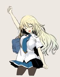 Rule 34 | 10s, 1girl, ^ ^, alternate costume, atago (kancolle), bad id, bad twitter id, bag, black pantyhose, blonde hair, blue necktie, blue skirt, blush stickers, bouncing breasts, breasts, closed eyes, cowboy shot, cropped legs, iwasaki takashi, kantai collection, long hair, necktie, open mouth, pantyhose, school bag, school uniform, simple background, skirt, solo