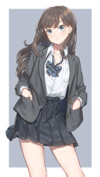 Rule 34 | 1girl, black jacket, black skirt, blazer, blue eyes, bow, bowtie, breast pocket, brown hair, buttons, closed mouth, collared shirt, cowboy shot, earrings, fangxiang cuoluan, hands in pockets, highres, jacket, jewelry, long hair, looking at viewer, open clothes, open jacket, original, pleated skirt, pocket, school uniform, shirt, shirt tucked in, skirt, solo, striped bow, striped bowtie, striped clothes, striped neckwear, thighs, undershirt, white shirt