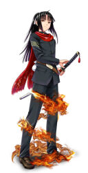 Rule 34 | 1boy, ano hito, armband, black hair, brown eyes, commentary request, fire, frown, full body, katana, loafers, long hair, male focus, original, ponytail, pouch, red scarf, scarf, sheath, sheathed, shoes, solo, sword, weapon