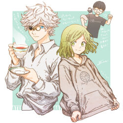 Rule 34 | 1girl, 2boys, alternate costume, black hair, black shirt, blue eyes, brushbug, closed mouth, coco (tongari boushi no atelier), collared shirt, creature, cup, facial hair, glasses, green eyes, green hair, highres, holding, holding cup, holding saucer, hood, hoodie, long sleeves, looking at viewer, multiple boys, olruggio (tongari boushi no atelier), qifrey (tongari boushi no atelier), saucer, shirahama kamome, shirt, short hair, smile, stubble, t-shirt, teacup, tongari boushi no atelier, upper body, white hair, white shirt
