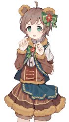 Rule 34 | 1girl, ahoge, animal ears, bear ears, brown hair, character request, commentary, cowboy shot, fur collar, fur trim, green eyes, highres, idolmaster, open mouth, shone, short hair, simple background, solo, white background