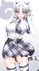 Rule 34 | &gt;:o, 10s, 1girl, :o, absurdres, animal ears, black hair, breast pocket, breasts, cowboy shot, dress shirt, elbow gloves, fang, garter straps, gloves, grey eyes, hair between eyes, highres, japari symbol, kemono friends, large breasts, long hair, looking at viewer, multicolored hair, necktie, open mouth, plaid, plaid necktie, plaid neckwear, plaid skirt, pocket, print thighhighs, shirt, silver hair, skirt, solo, tail, thighhighs, thighs, tiger ears, tiger tail, two-tone hair, v-shaped eyebrows, white gloves, white shirt, white tiger (kemono friends), yutazou, zettai ryouiki