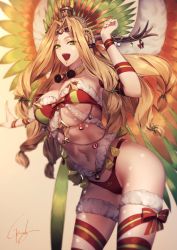 Rule 34 | 1girl, :d, bikini, bikini bottom only, blonde hair, cowboy shot, fate/grand order, fate (series), feathers, fur-trimmed bikini top, fur trim, genyaky, green eyes, headdress, long hair, looking at viewer, low-tied long hair, navel, open mouth, quetzalcoatl (fate), quetzalcoatl (samba santa) (fate), red bikini, ribbon, signature, smile, solo, star (symbol), swimsuit, thigh strap